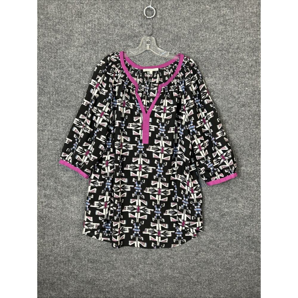 Daniel Rainn Black Geometric Print Blouse with Pink Trim